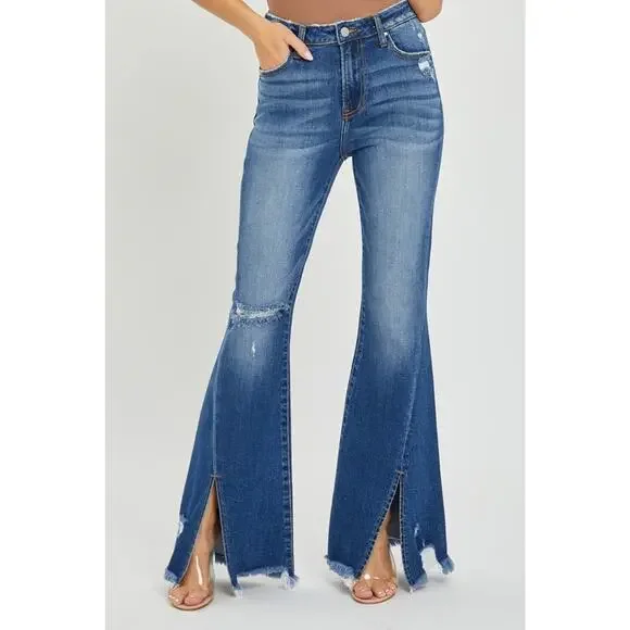 RISEN High Rise Front Slit Frayed Hem Distressed Dark Wash Flare Denim Jeans